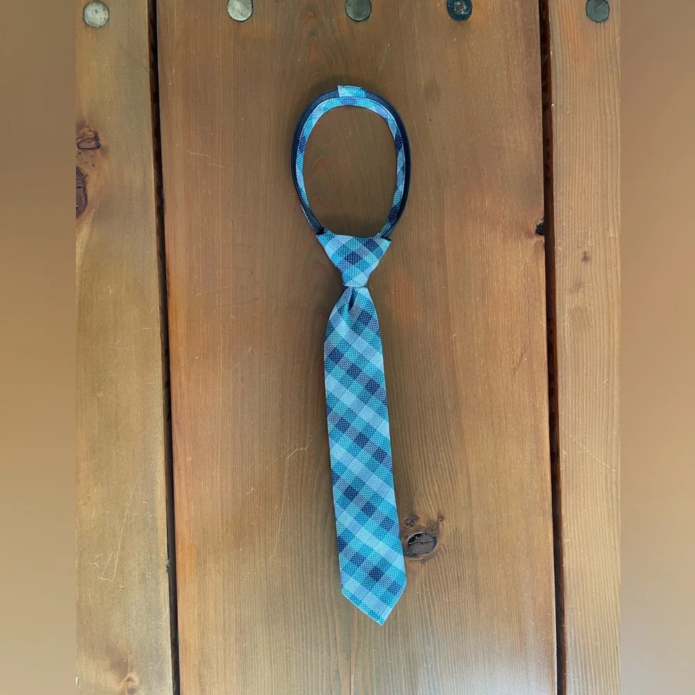 Cat & Jack Boys' Blue/Green Plaid Woven Necktie, Sizes S/M, with Zipper Closure